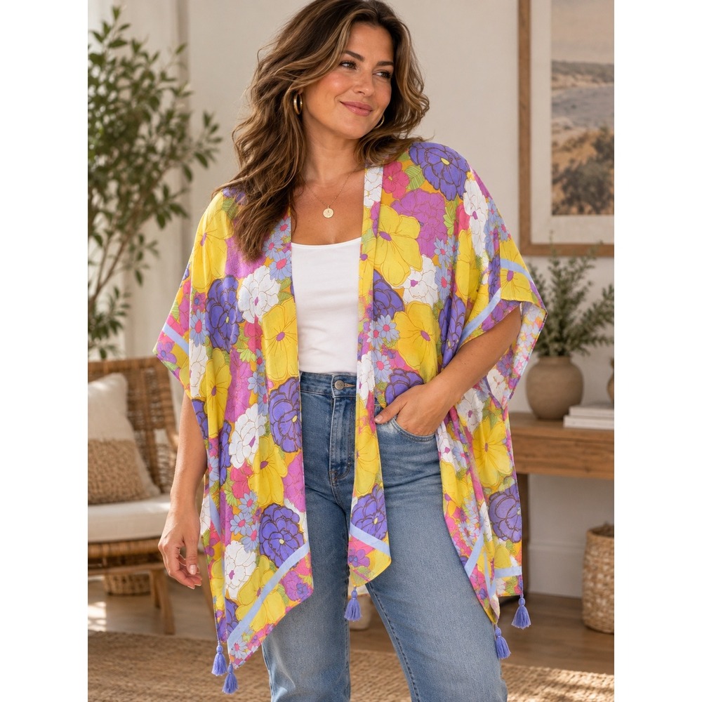 Anthropologie Do Everything In Love Kimono Womens OS Floral Tassels Retro 70s